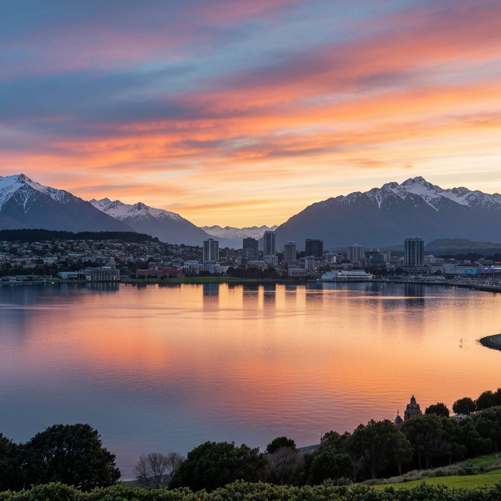 Beautiful New Zealand landscape - mountains, water, and city views